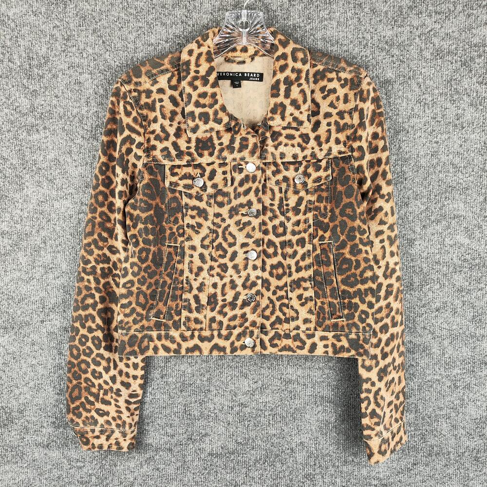 Veronica Beard Jacket Womens Small Brown Leopard Print Denim Jean Button Front